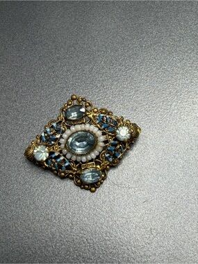 Vintage Czech Blue Crystal Filigree Brooch